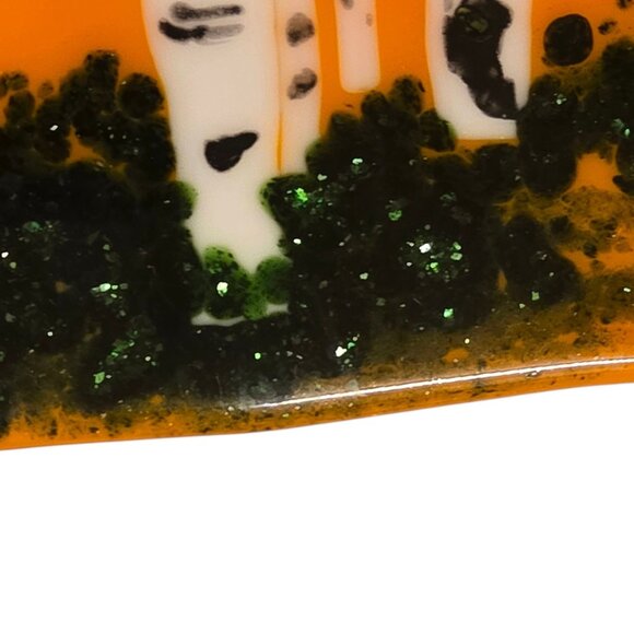 Birch Tree Fused Glass Art Orange Glitter Green Wood Nature Artsy OOAK Vintage - Picture 7 of 16